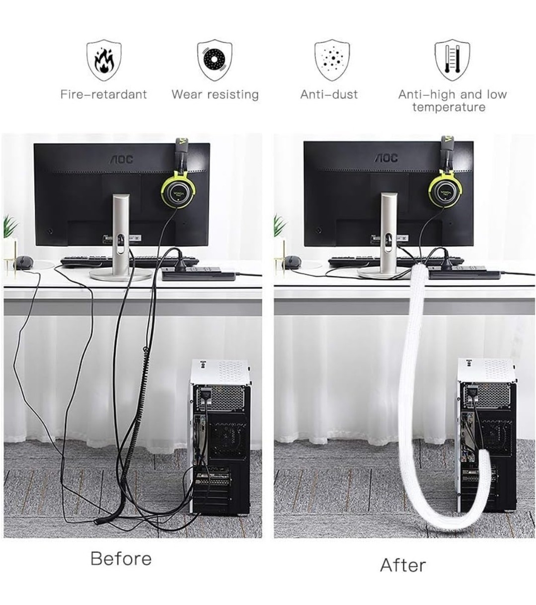 10ft Cord Tidy & Protector Wire Sleeve Cord Loom for Cables White Pet Friendly - Image 3